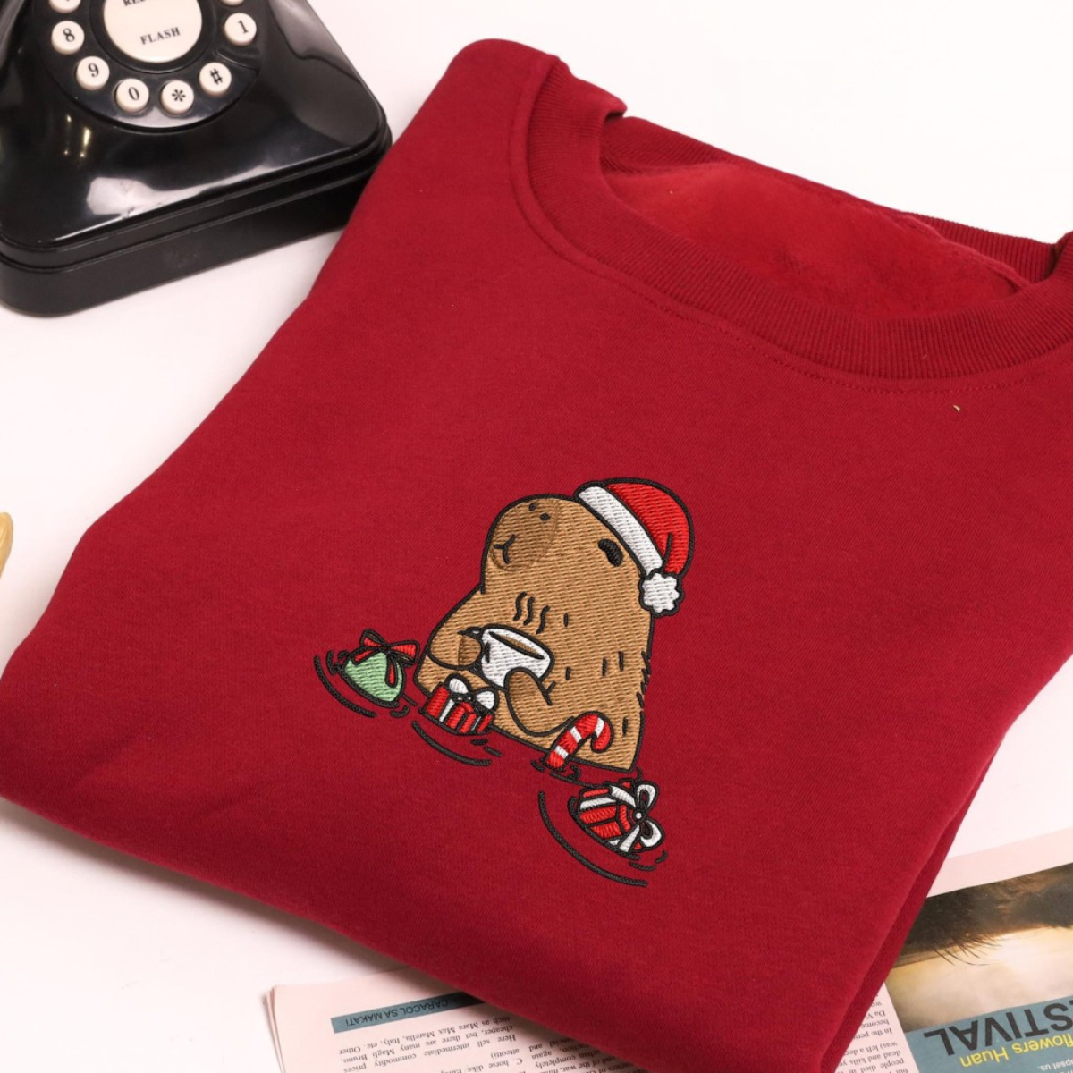 coffee capybara christmas embroidered sweatshirt coffeebara holiday shirt for woman merry xmas capybara light sweater capybara lover gift 1732851017458.png