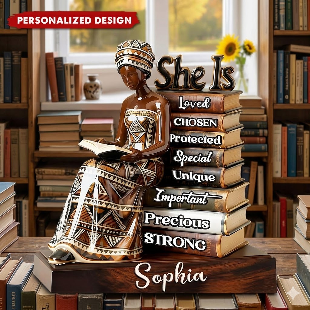 She Is Affirmation Plaque, Personalized Black Girl Reading Books Plaque