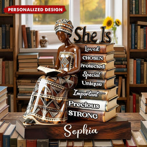 She Is Affirmation Plaque, Personalized Black Girl Reading Books Plaque