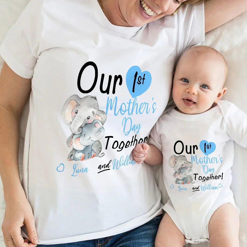 Custom Our First Mother's Day Parent-Child Clothing Matching Shirts, Elephant Balloon Cotton Mom T-Shirt & Baby Bodysuit Set, Gift for New Mom/Newborn