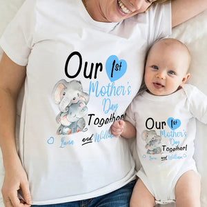Custom Our First Mother's Day Parent-Child Clothing Matching Shirts, Elephant Balloon Cotton Mom T-Shirt & Baby Bodysuit Set, Gift for New Mom/Newborn