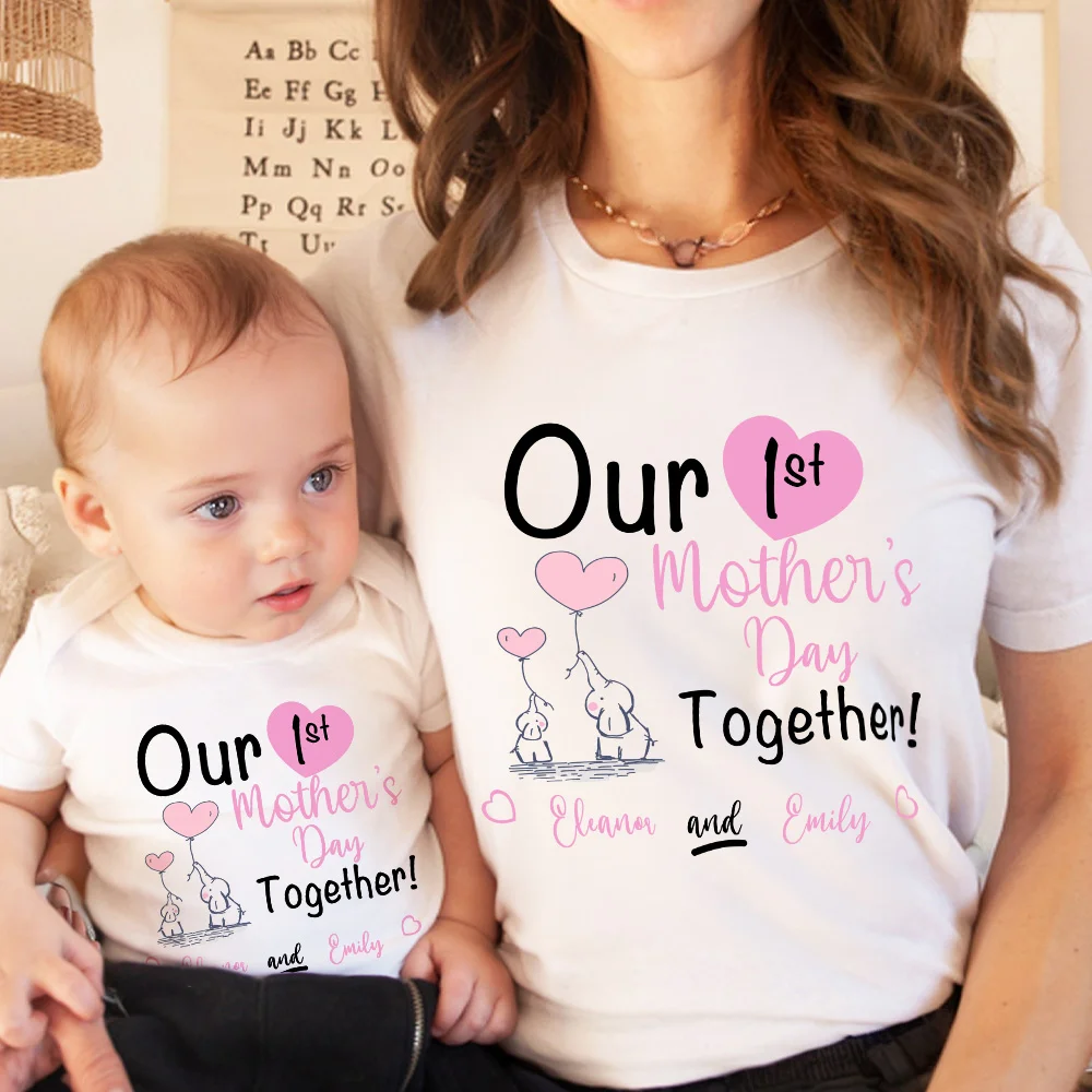 Custom Our First Mother's Day Parent-Child Clothing Matching Shirts, Elephant Balloon Cotton Mom T-Shirt & Baby Bodysuit Set, Gift for New Mom/Newborn