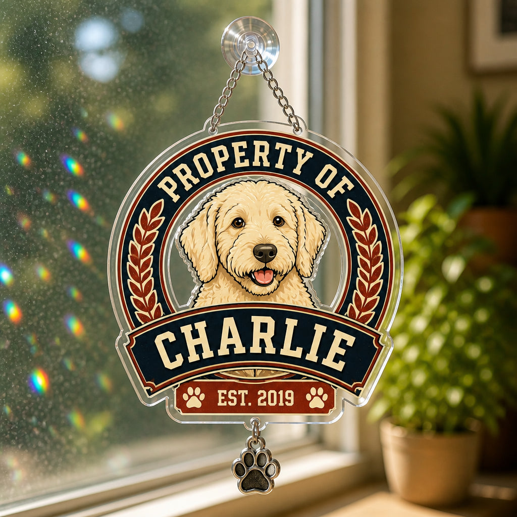 Property Of [Pet Name] Crest Tee (Est. Year) - Personalized 1 Layered Suncatcher with Charm 175035af-296f-4e4e-83ca-d35afb9f91be.jpg
