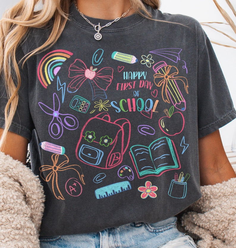 Happy First Day Of School Shirt Back To School T Shirt School Doodles Shirt Back To School Sweatshirt Preppy Teacher Sweatshirt Retro Teacher Shirt 1751512223082.jpg