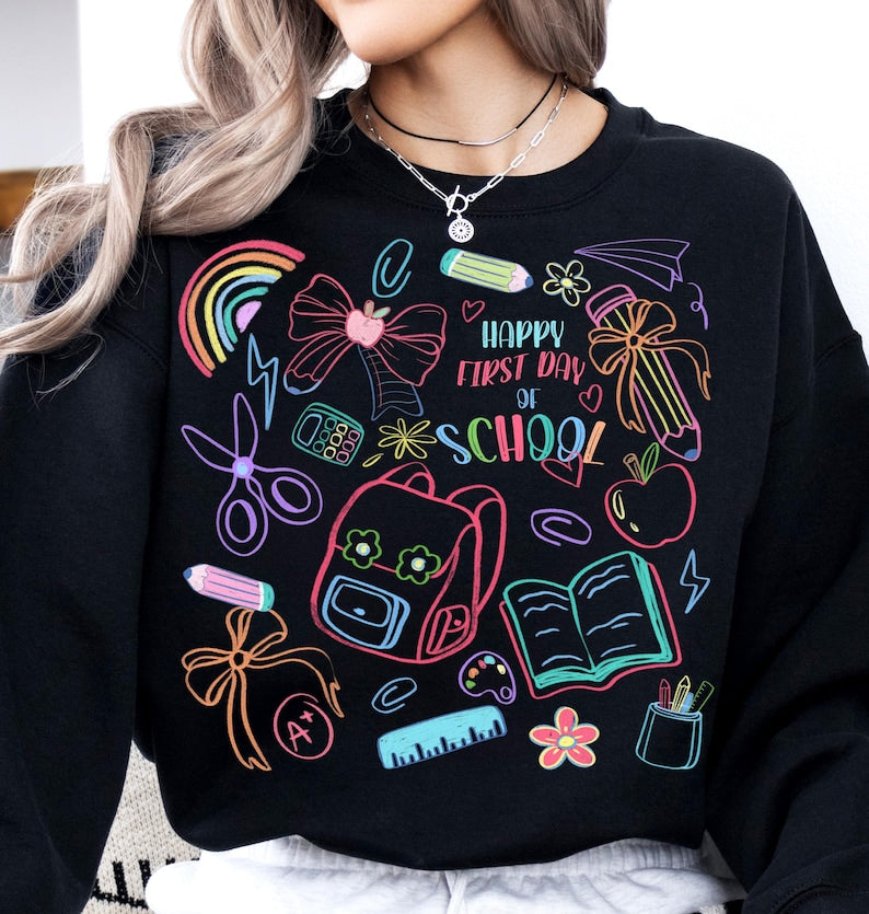 Happy First Day Of School Shirt Back To School T Shirt School Doodles Shirt Back To School Sweatshirt Preppy Teacher Sweatshirt Retro Teacher Shirt 1751512223100.jpg