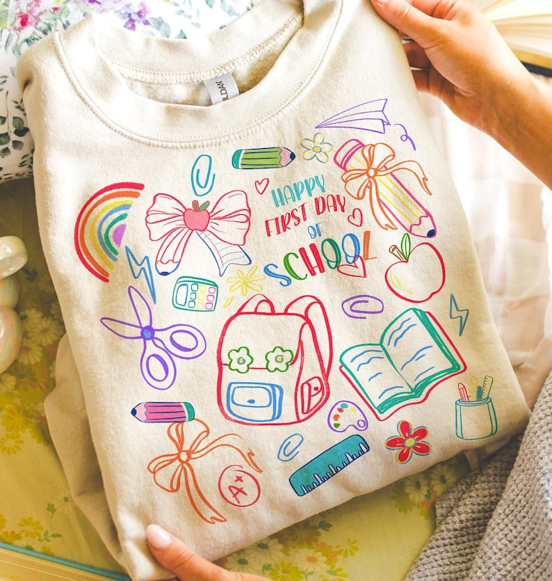 Happy First Day Of School Shirt Back To School T Shirt School Doodles Shirt Back To School Sweatshirt Preppy Teacher Sweatshirt Retro Teacher Shirt 1751512223135.jpg