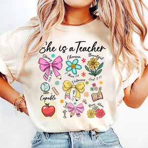 She Is Teacher Shirt Teacher Mom T Shirt Christian Teacher Shirt Bible Verses Shirt Teacher Floral Mother S Day Gift Teacher Coquette Bow Sweatshirt 1751532120487.jpg