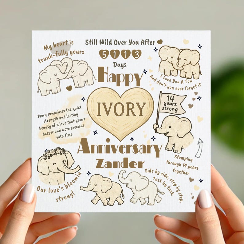 Ivory 14th Wedding Anniversary Card Cute Elephant Design Personalised 14 Years Married Card For Husband Wife Or Partner 1752657974916.jpg