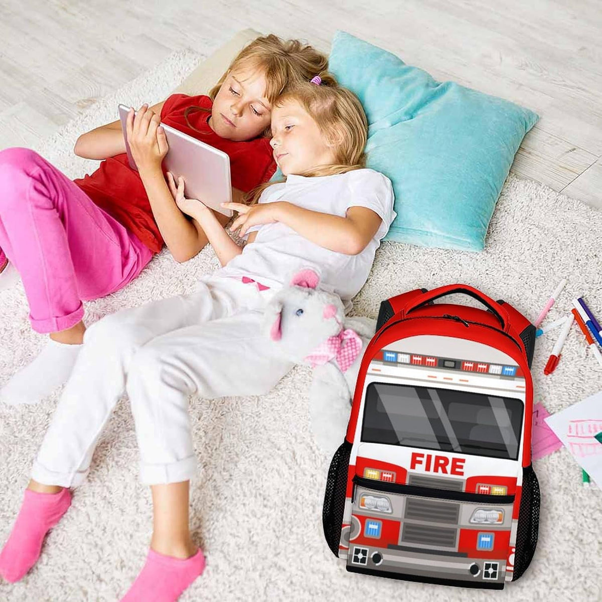 School Backpacks For Boys Back To School Supplies For Kids Children Fire Truck Bookbag With Pockets For Kindergarten Preschool Cartoon School Bag For Truck Lovers 1754881066289.jpg