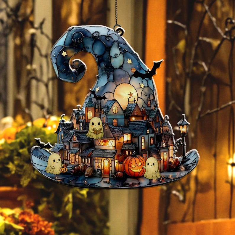 Witch Hat Village Acrylic Suncatcher Halloween Town Faux Stained Glass Window Hangingspooky Home Decor For Halloweencute Ghost Suncatcher 1755074008506.jpg
