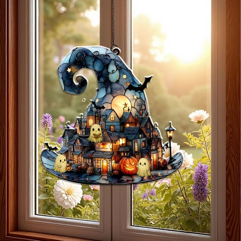 Witch Hat Village Acrylic Suncatcher Halloween Town Faux Stained Glass Window Hangingspooky Home Decor For Halloweencute Ghost Suncatcher 1755074008520.jpg