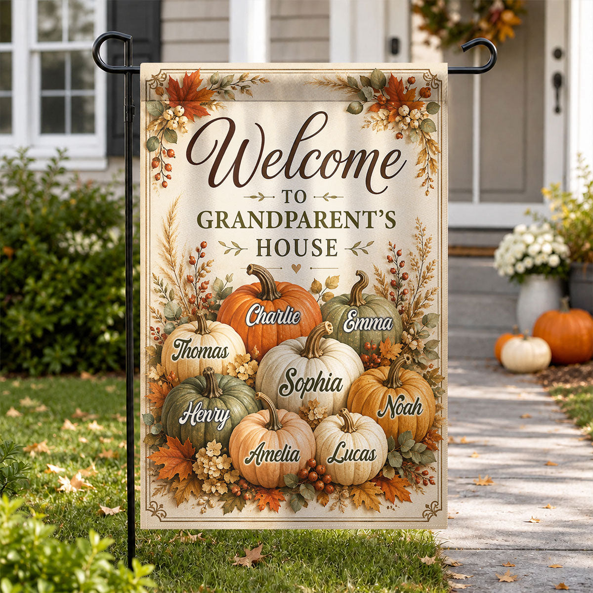 Welcome To Grandparent's House Fall Pumpkin - Personalized Garden Flag - Fall Season Decor Gift, Gift For Grandma, Grandpa 175512b6-cdb4-4a65-be97-efdd46445c4c-bannerr-7.jpg