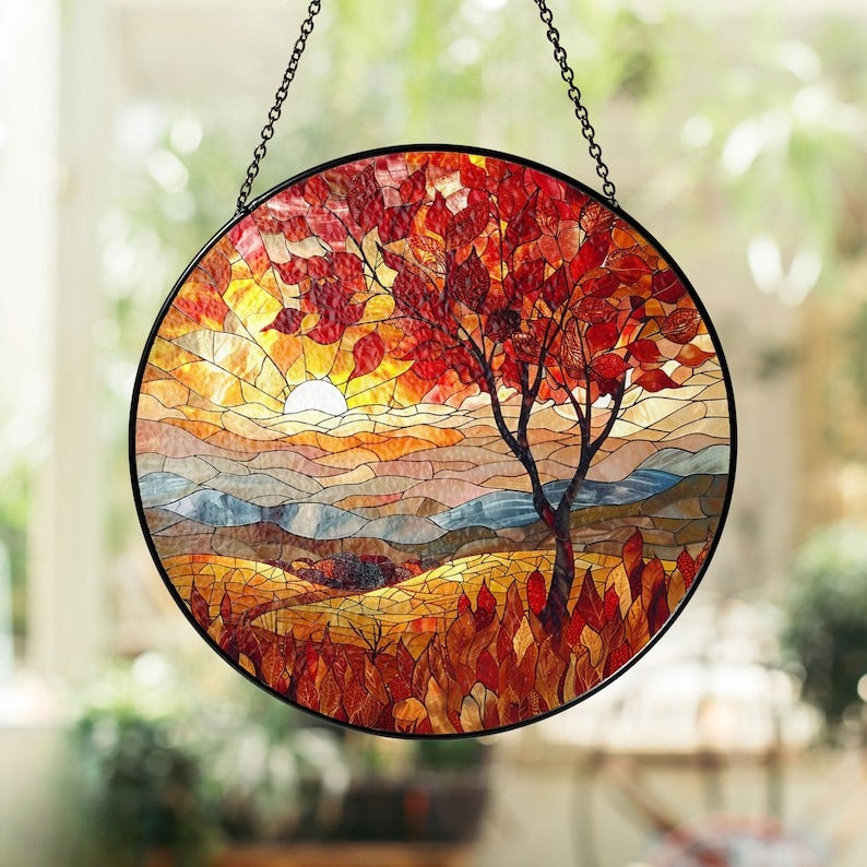 Sunset Fall Leaves Window Stained Glass Suncatcher Window Hanger Housewarming Gift Indoor Decor Rustic Home Decor Autumn Gift 1755489491904.jpg