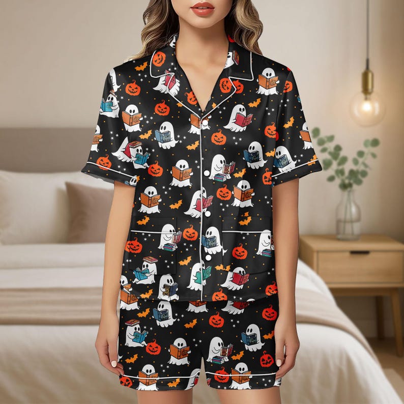 Halloween Satin Pajamas Ghost Reading Book Silk Pajamas Pumpkin Pj Set Fall Pajamas Spooky Season Gift 1755662938315.jpg