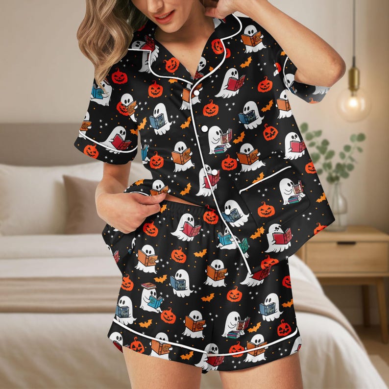 Halloween Satin Pajamas Ghost Reading Book Silk Pajamas Pumpkin Pj Set Fall Pajamas Spooky Season Gift 1755662938323.jpg