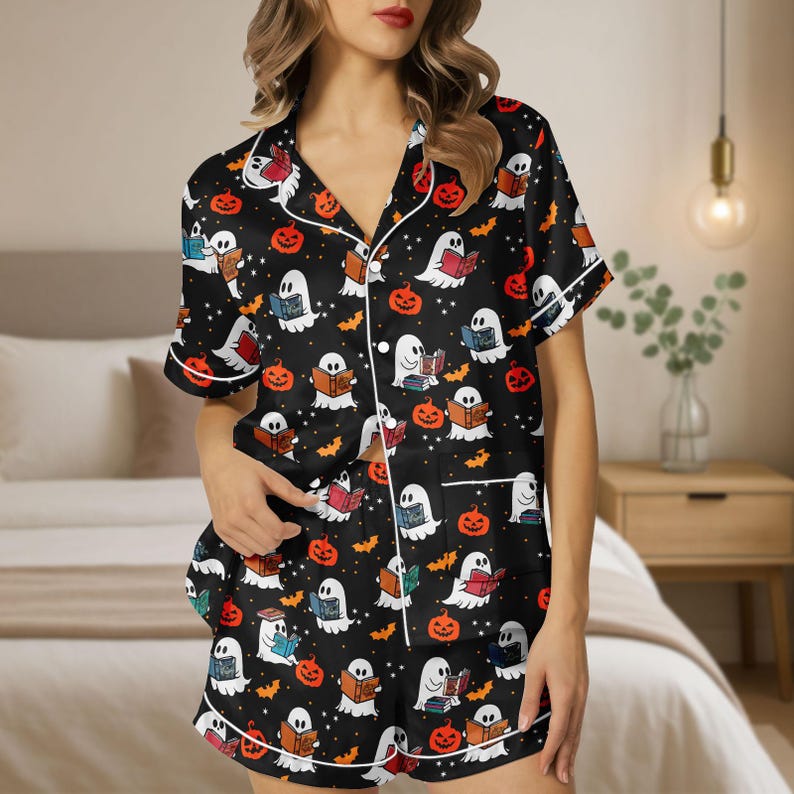 Halloween Satin Pajamas Ghost Reading Book Silk Pajamas Pumpkin Pj Set Fall Pajamas Spooky Season Gift 1755662938348.jpg