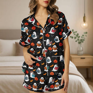 Halloween Satin Pajamas Ghost Reading Book Silk Pajamas Pumpkin Pj Set Fall Pajamas Spooky Season Gift 1755662938348.jpg