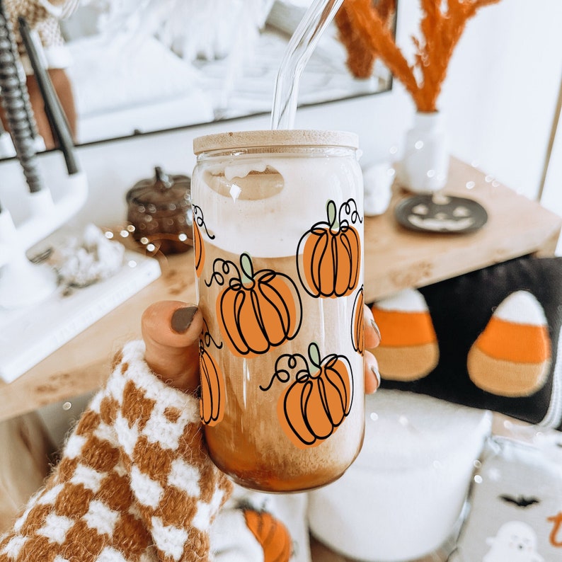 Pumpkin Glass Can Coffee Cup With Lid And Straw Fall Coffee Mug Fall Season Gift Pumpkin Season Design Iced Coffee Cup Glass Can Cup 1755831875529.jpg