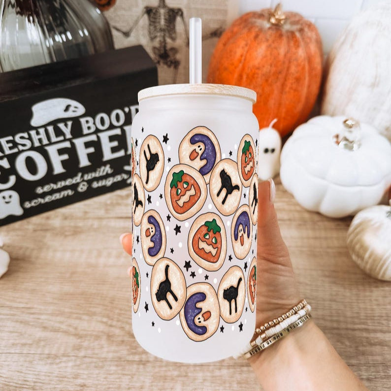 Halloween Cookies Cute Glass Cup With Lid And Straw Fall Iced Coffee Glass Spooky Season Gift Halloween Themed Glass Tumbler Mug 1755832302368.jpg
