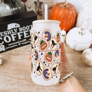 Halloween Cookies Cute Glass Cup With Lid And Straw Fall Iced Coffee Glass Spooky Season Gift Halloween Themed Glass Tumbler Mug 1755832302368.jpg