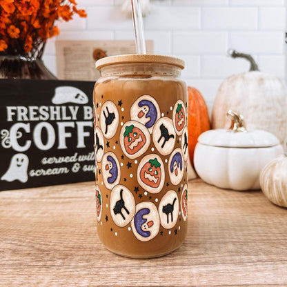 Halloween Cookies Cute Glass Cup With Lid And Straw Fall Iced Coffee Glass Spooky Season Gift Halloween Themed Glass Tumbler Mug 1755832302446.jpg