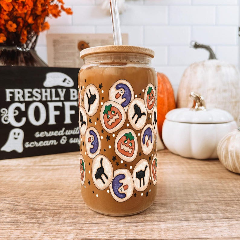 Halloween Cookies Cute Glass Cup With Lid And Straw Fall Iced Coffee Glass Spooky Season Gift Halloween Themed Glass Tumbler Mug 1755832302446.jpg