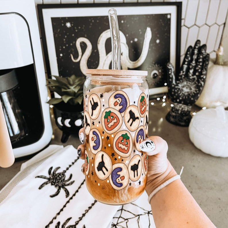 Halloween Cookies Cute Glass Cup With Lid And Straw Fall Iced Coffee Glass Spooky Season Gift Halloween Themed Glass Tumbler Mug 1755832302447.jpg
