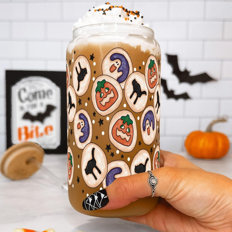 Halloween Cookies Cute Glass Cup With Lid And Straw Fall Iced Coffee Glass Spooky Season Gift Halloween Themed Glass Tumbler Mug 1755832302993.jpg