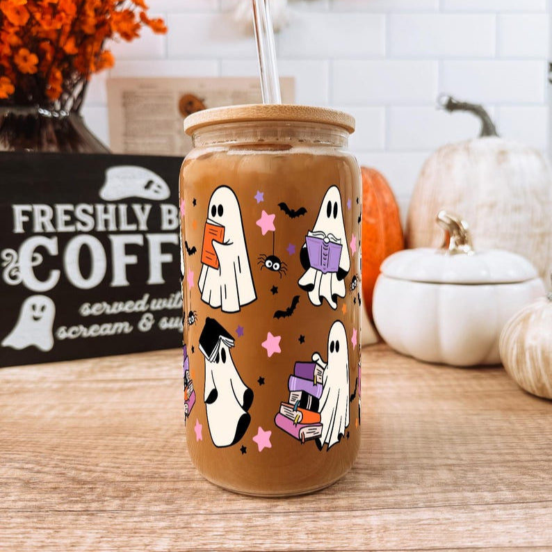 Ghost Reading Halloween Sipper Cup Fall Iced Coffee Spooky Season Gift Halloween Themed Tumbler Mug 1755832562232.jpg