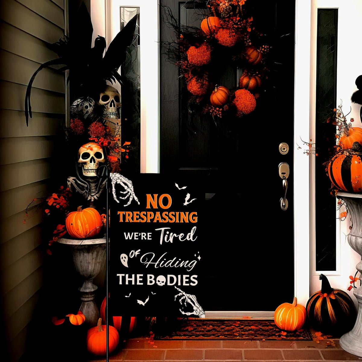 Halloween Garden Flag No Trespassing Were Tired Of Hiding The Bodies Yard Flags Skeleton Skull Ghost Bat Burlap Garden Flags For Holiday Outdoor Decor 12x18 Inch Vertical Double Sided 1756284558798.jpg