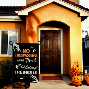 Halloween Garden Flag No Trespassing Were Tired Of Hiding The Bodies Yard Flags Skeleton Skull Ghost Bat Burlap Garden Flags For Holiday Outdoor Decor 12x18 Inch Vertical Double Sided 1756284559364.jpg