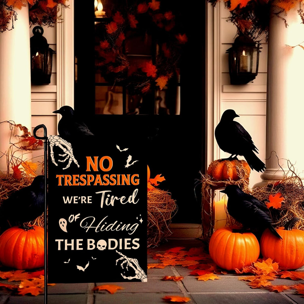 Halloween Garden Flag No Trespassing Were Tired Of Hiding The Bodies Yard Flags Skeleton Skull Ghost Bat Burlap Garden Flags For Holiday Outdoor Decor 12x18 Inch Vertical Double Sided 1756284559423.jpg