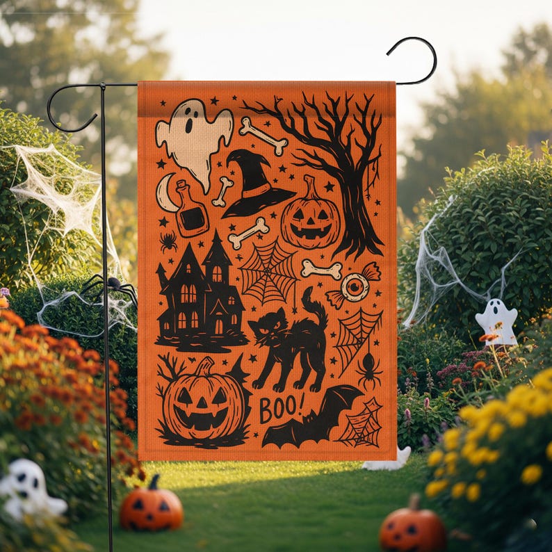 Vintage Halloween Garden Flag  Orange Black Cat Witch Yard Decor  Spooky Pumpkin Boo Banner 1756890312239.jpg