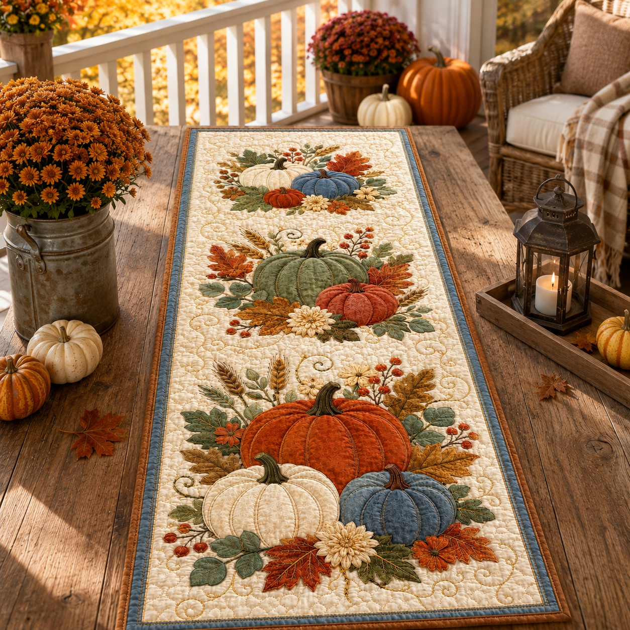 Quilted Pumpkin Table Runner, Fall Harvest Autumn Decor, Blue Orange Thanksgiving Runner 17569168-416a-4467-9800-67d823c06e4a-banner-1.png