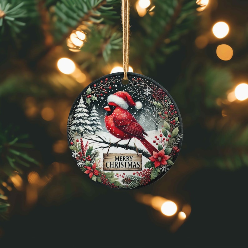 A Red Cardinal With Christmas Hat Merry Christmas Ornament Round Christmas Tree Decor Xmas Decor Holiday Keepsake Christmas Decorations 1757056393780.jpg
