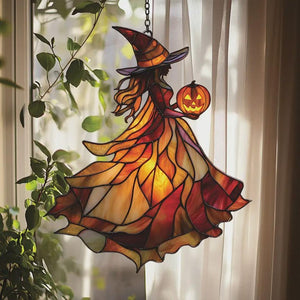 Autumn Witch Acrylic Suncatcher Window Hanging   Faux Stained Glass Halloween Decor With Pumpkin And Flowing Cloak For Seasonal Home Display 1757408113838.jpg