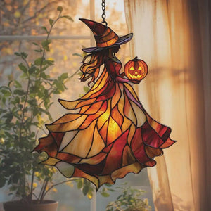 Autumn Witch Acrylic Suncatcher Window Hanging   Faux Stained Glass Halloween Decor With Pumpkin And Flowing Cloak For Seasonal Home Display 1757408113842.jpg