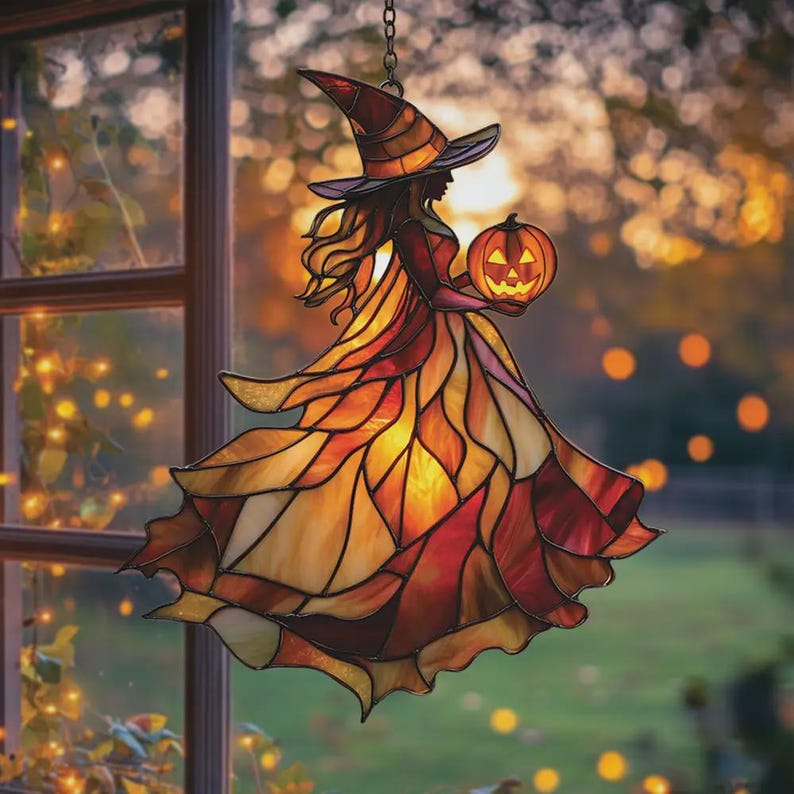 Autumn Witch Acrylic Suncatcher Window Hanging   Faux Stained Glass Halloween Decor With Pumpkin And Flowing Cloak For Seasonal Home Display 1757408113851.jpg
