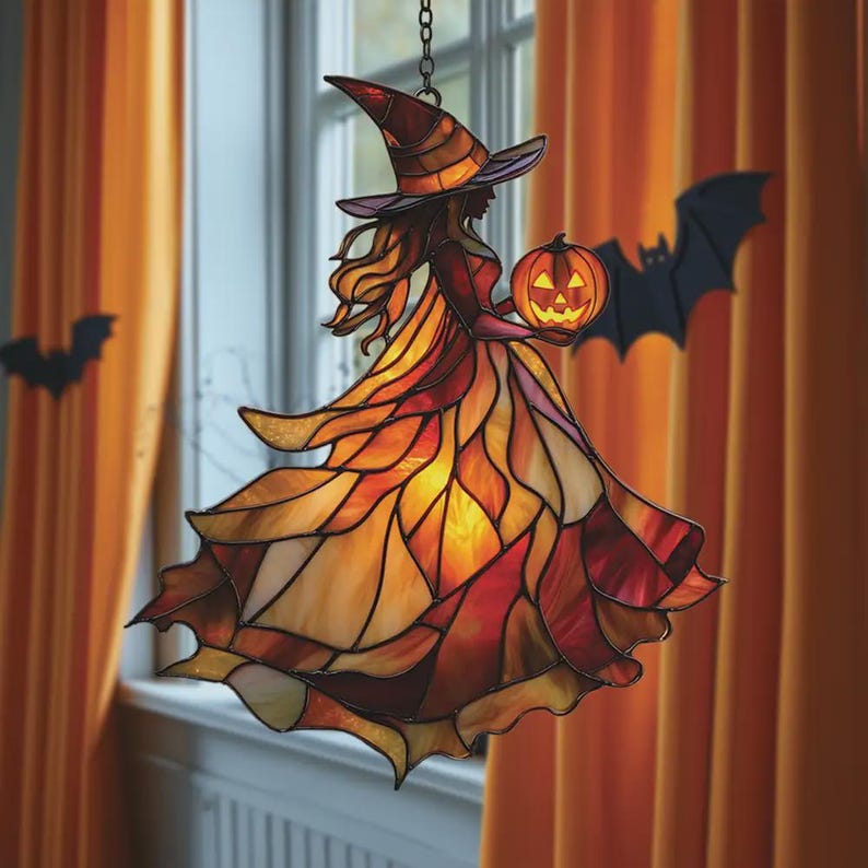 Autumn Witch Acrylic Suncatcher Window Hanging   Faux Stained Glass Halloween Decor With Pumpkin And Flowing Cloak For Seasonal Home Display 1757408113870.jpg
