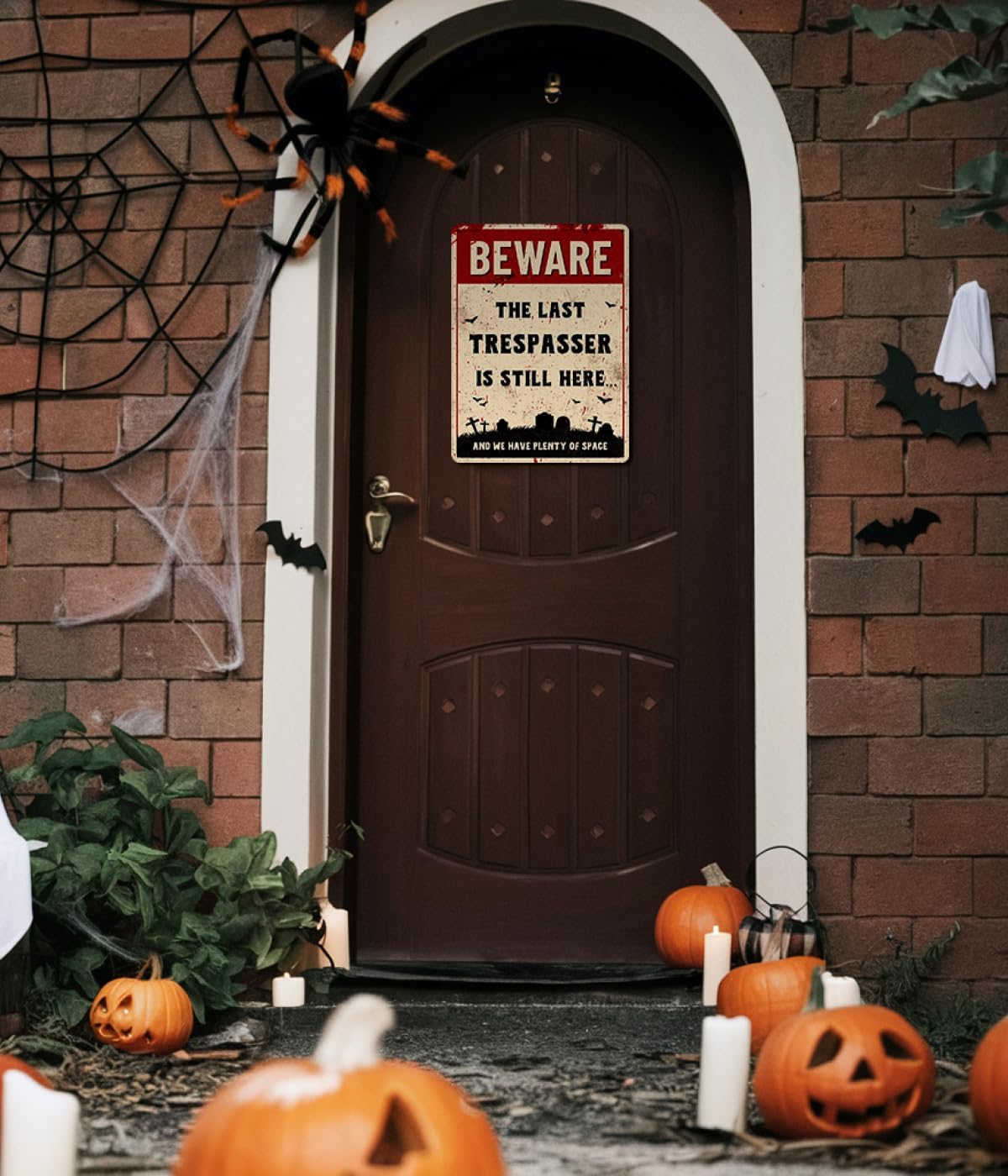 Décoration Halloween Phosphorescente - Panneau "No Trespassing" 30x20 Cm - Brille Dans Le Noir - Aluminium - Pour Porte, Fenêtre, Extérieur - 1