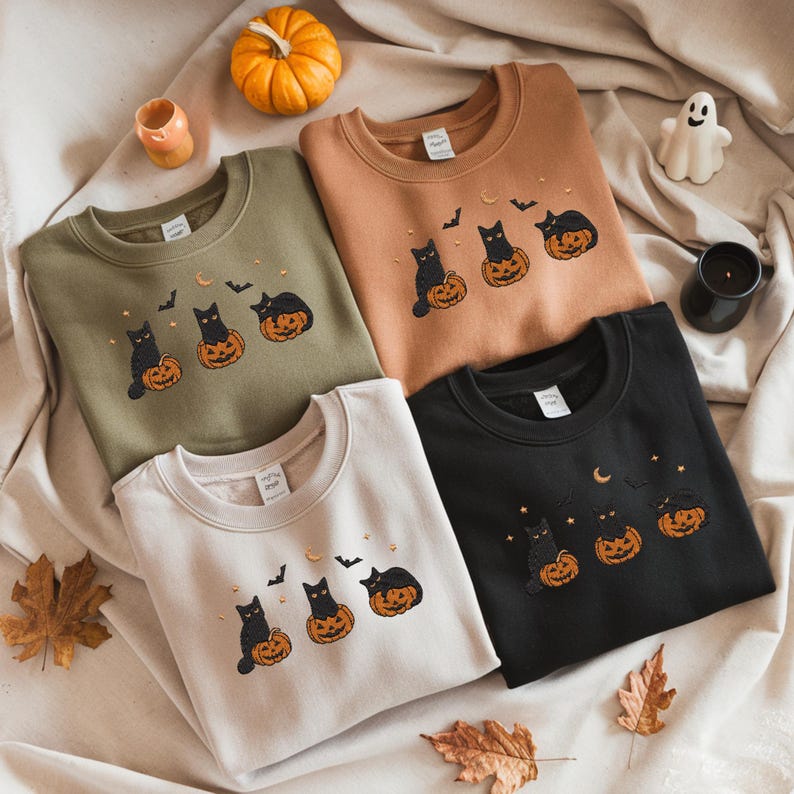 Embroidered Halloween Black Cat Sweatshirt Pumpkin Fall Sweater Halloween Crewneck Cute Autumn Spooky Season Bat Tee Top Cat Lover Gift 1757575920240.jpg