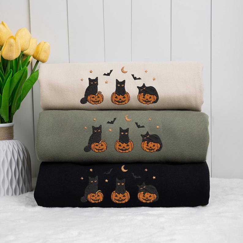 Embroidered Halloween Black Cat Sweatshirt Pumpkin Fall Sweater Halloween Crewneck Cute Autumn Spooky Season Bat Tee Top Cat Lover Gift 1757575920285.jpg