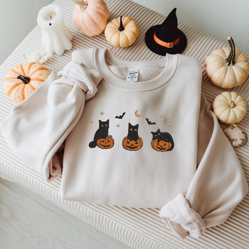 Embroidered Halloween Black Cat Sweatshirt Pumpkin Fall Sweater Halloween Crewneck Cute Autumn Spooky Season Bat Tee Top Cat Lover Gift 1757575920358.jpg
