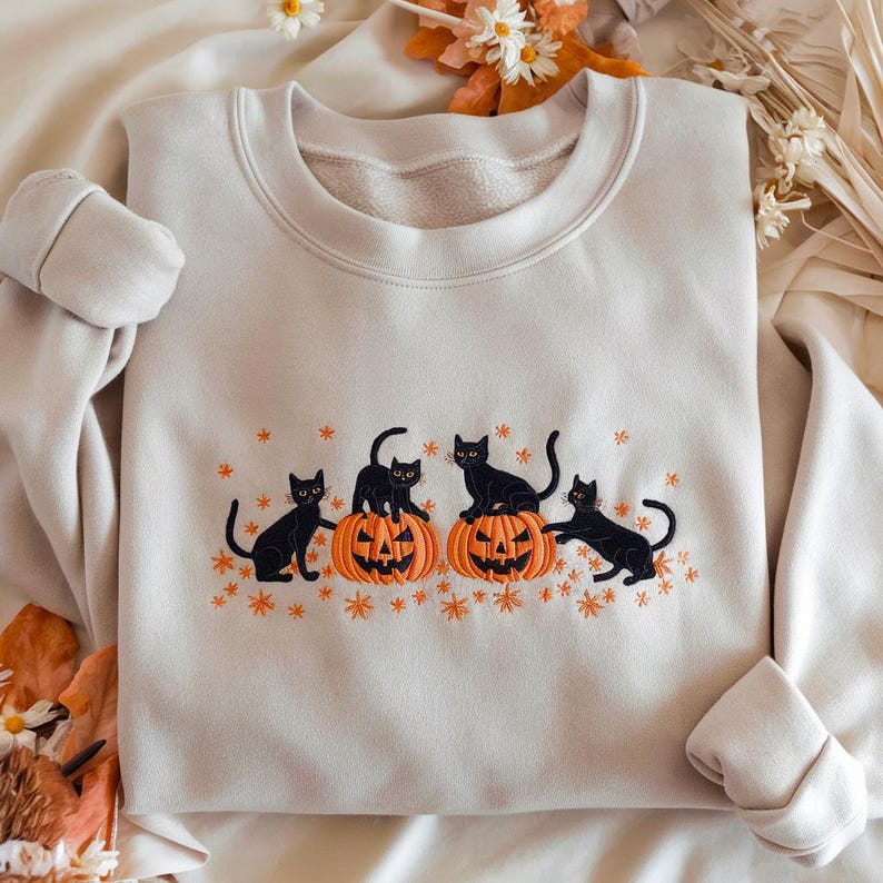 Embroidered Halloween Black Cat Sweatshirt Pumpkin Fall Sweater Halloween Crewneck Cute Autumn Spooky Season Bat Tee Top Cat Lover Gift 1757576090001.jpg