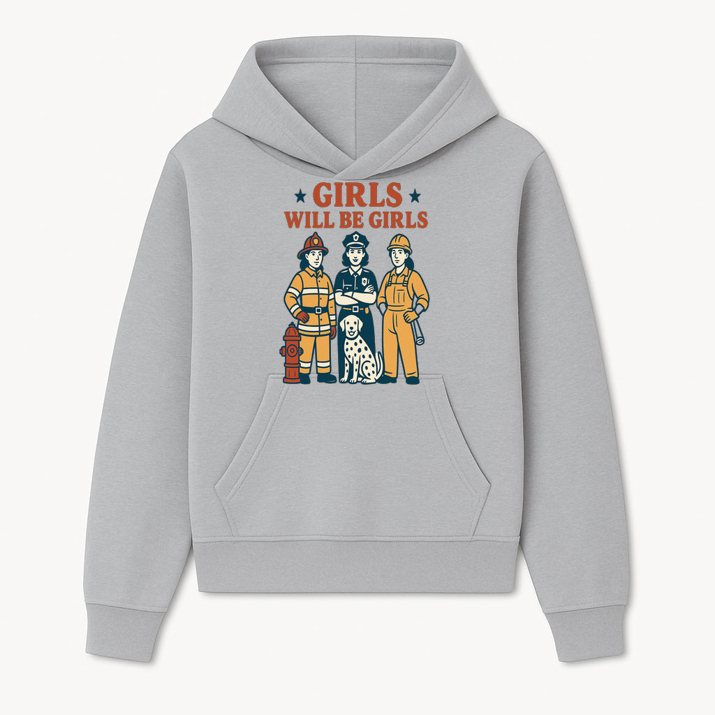 Empowering Girls Art Print - Girls Will Be Girls with Firefighter, Police Officer, Construction Worker & Dog Illustration - Hoodie 1757912427422.jpg