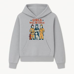 Empowering Girls Art Print - Girls Will Be Girls with Firefighter, Police Officer, Construction Worker & Dog Illustration - Hoodie 1757912427422.jpg