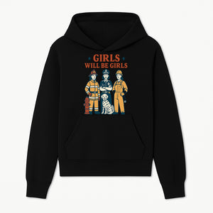 Empowering Girls Art Print - Girls Will Be Girls with Firefighter, Police Officer, Construction Worker & Dog Illustration - Hoodie 1757912427581.jpg