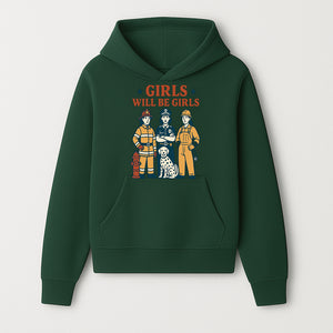 Empowering Girls Art Print - Girls Will Be Girls with Firefighter, Police Officer, Construction Worker & Dog Illustration - Hoodie 1757912427905.jpg