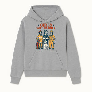 Empowering Girls Art Print - Girls Will Be Girls with Firefighter, Police Officer, Construction Worker & Dog Illustration - Hoodie 1757912428052.jpg