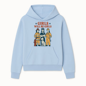 Empowering Girls Art Print - Girls Will Be Girls with Firefighter, Police Officer, Construction Worker & Dog Illustration - Hoodie 1757912428215.jpg